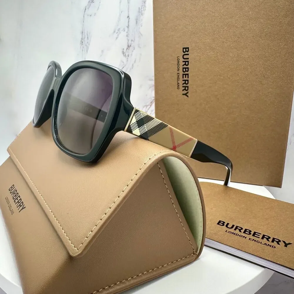 New Burberry Sunglasses Black Square Frames Checkered Arms Gradient BURBERRY - Picture 5 of 16